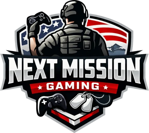 Next Mission Gaming emblem: a soldier holding a controller in front of an American flag shield